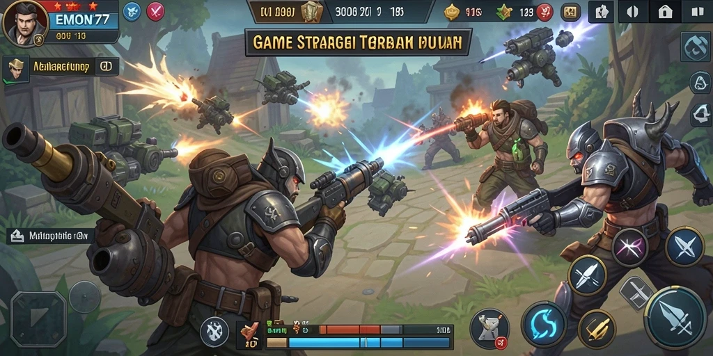 Screenshot gameplay EMON77 yang menunjukkan pertempuran strategi intens.