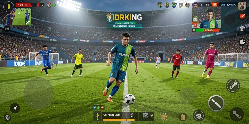 Screenshot utama IDRKING menunjukkan aksi seru saat bermain sepak bola.