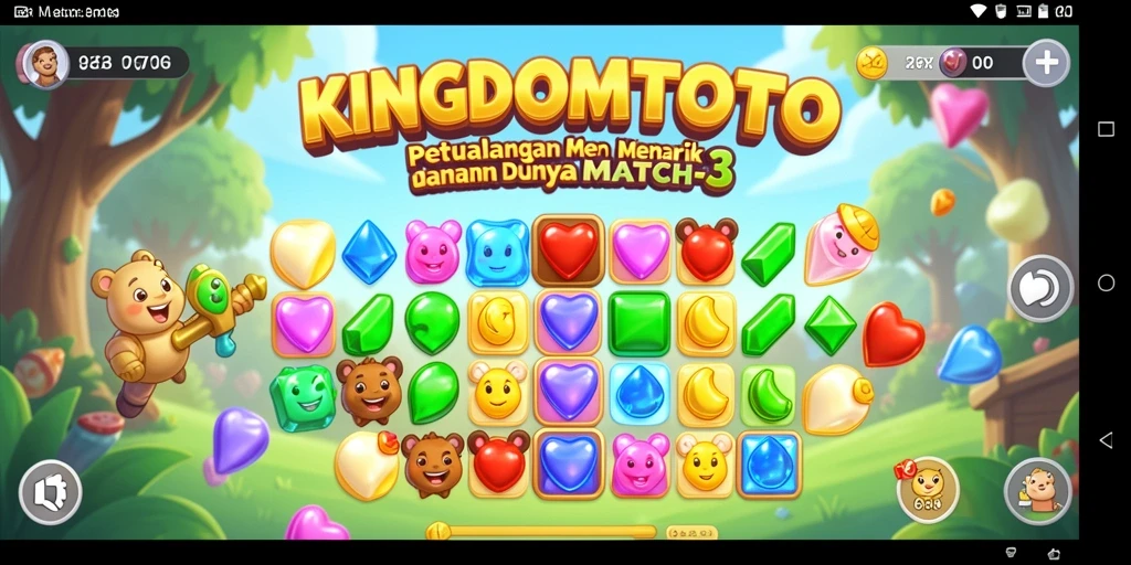 Tampilan gameplay KINGDOMTOTO dengan level match-3 yang menarik dan berwarna.