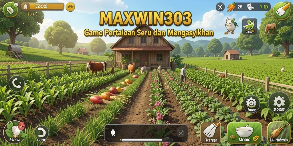 Screenshot MAXWIN303 menampilkan aktivitas seru di kebun pertanian.