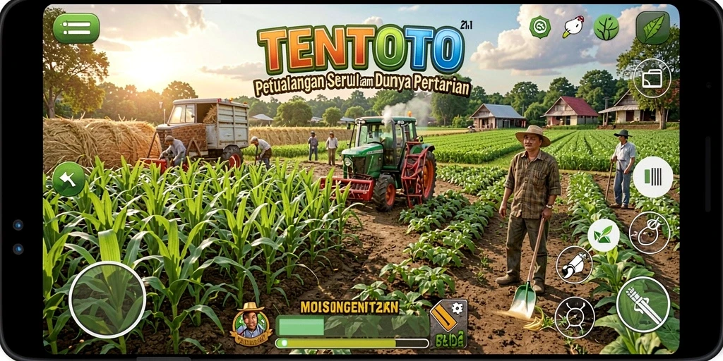 Screenshot TENTOTO menampilkan suasana ladang yang indah dan aktivitas bertani.